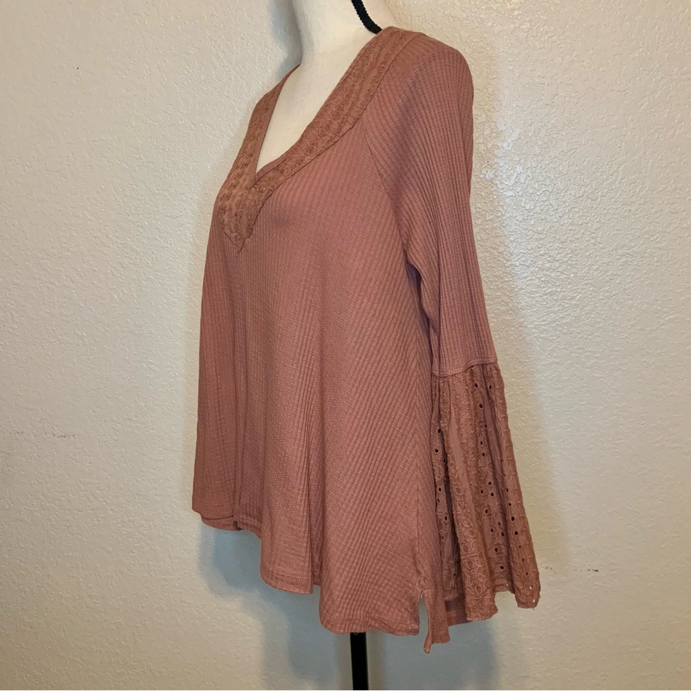 Free People Parisian Nights Long Bell Sleeve Eyelet Top Rose Brown Size Medium - Picture 7 of 15